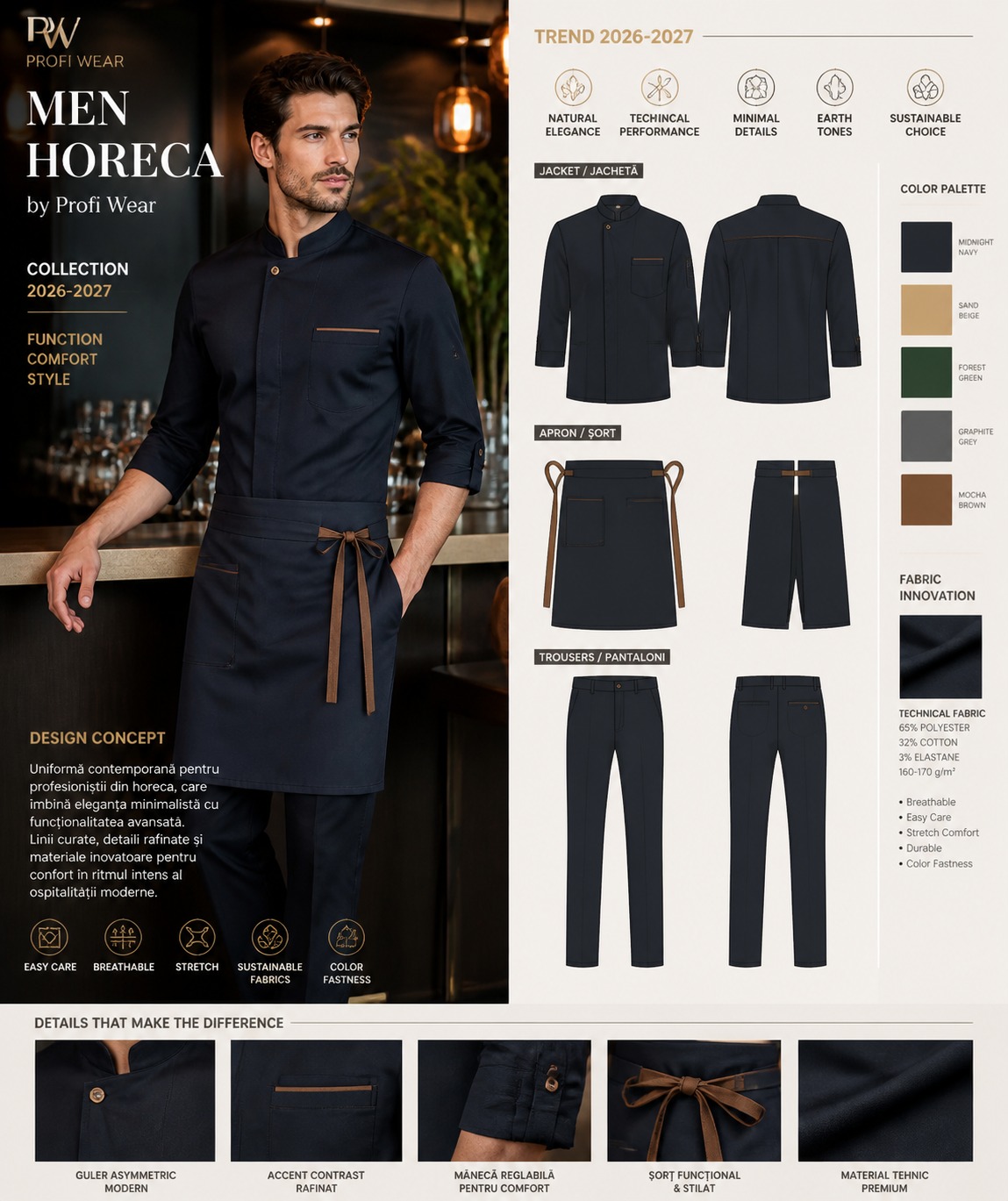 Planșa Men Horeca by Profi Wear: jachetă, șorț, pantaloni, paletă de culori și detalii de croială